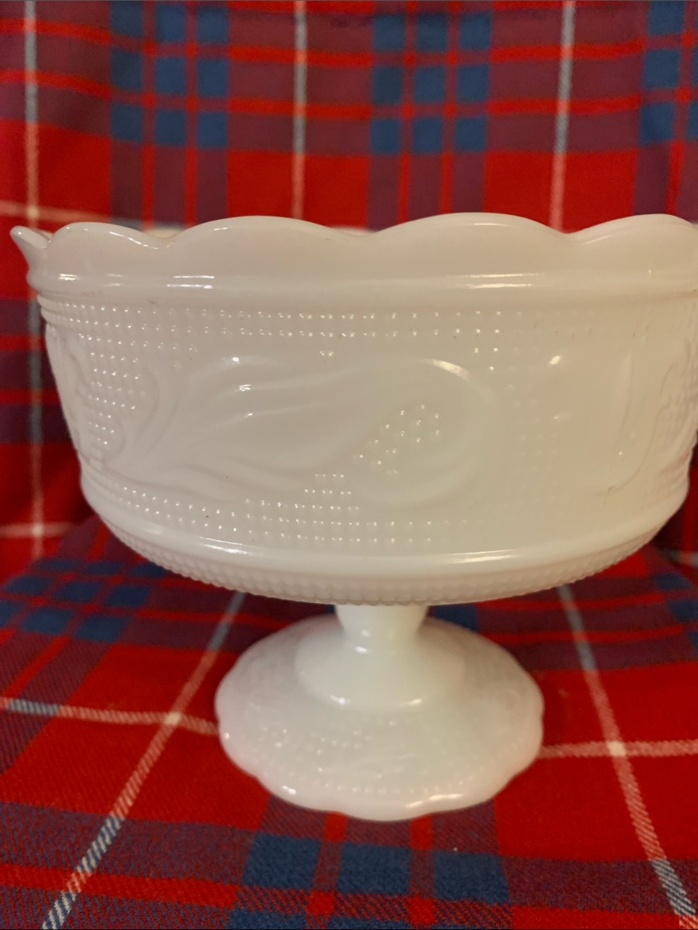 E.O. Brody White Milk Glass Pedestal Compote with Scalloped Rim, Approx. 6” tall